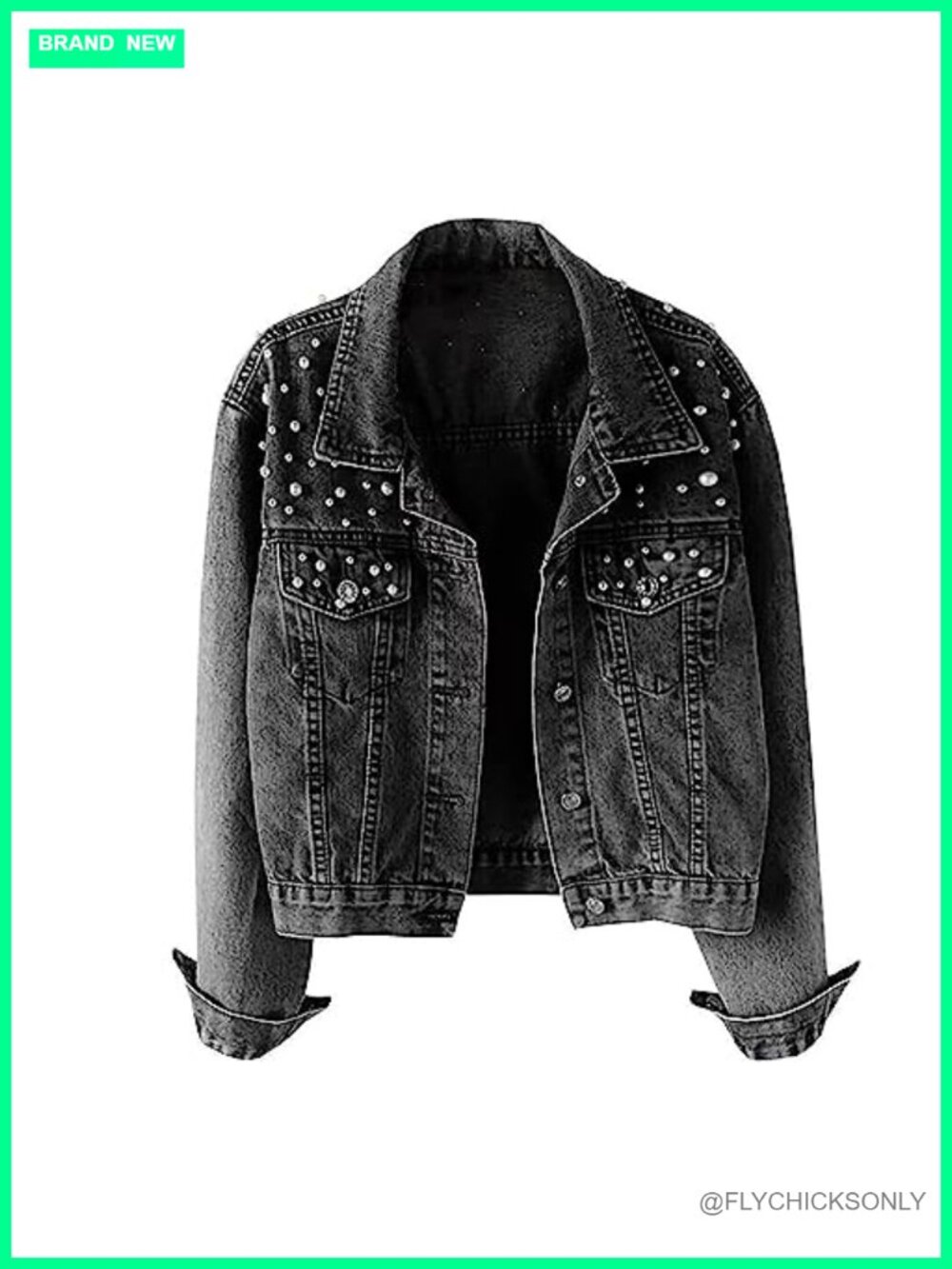 Loose Embroidered Pearl Beading Cropped Denim Jacket Jean Coat